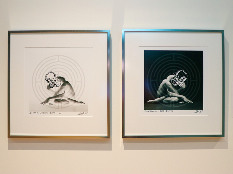 The model represents me who happens to have a Cochlea as a head and she is facing herself. The labyrinth is the time it takes to adjust to the new world of sound. Not only does this represent patience, persistence, and perseverance, this diptych also represents courage and strength. 