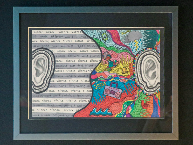 This artwork was created with pen, pencil, and marker, and was inspired by my own journey with hearing loss. Being born deaf, but also being able to hear with cochlear implants, has given me a perspective of both realities. To me, sound is beautiful, vibrant, dynamic and powerful; silence is isolating, quiet, and constant, yet also peaceful. I am so thankful for the ability to hear and experience the wonders of sound with my cochlear implants.